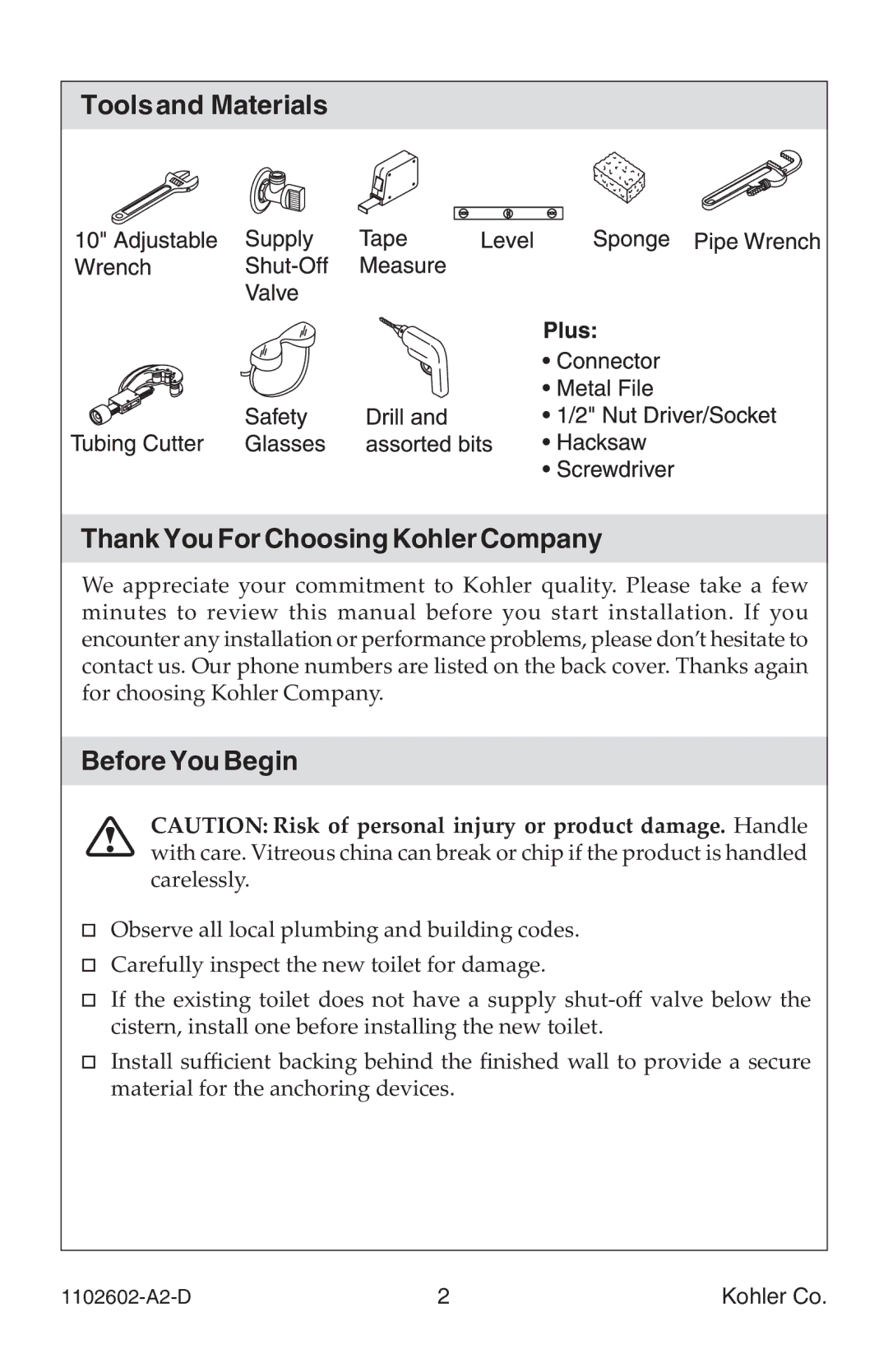 Kohler 1102602-A2-D manual Tools and Materials Thank You For Choosing Kohler Company, Before You Begin 